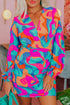 Multi-Color Abstract Print Wrap V Neck Puff Sleeve Dress